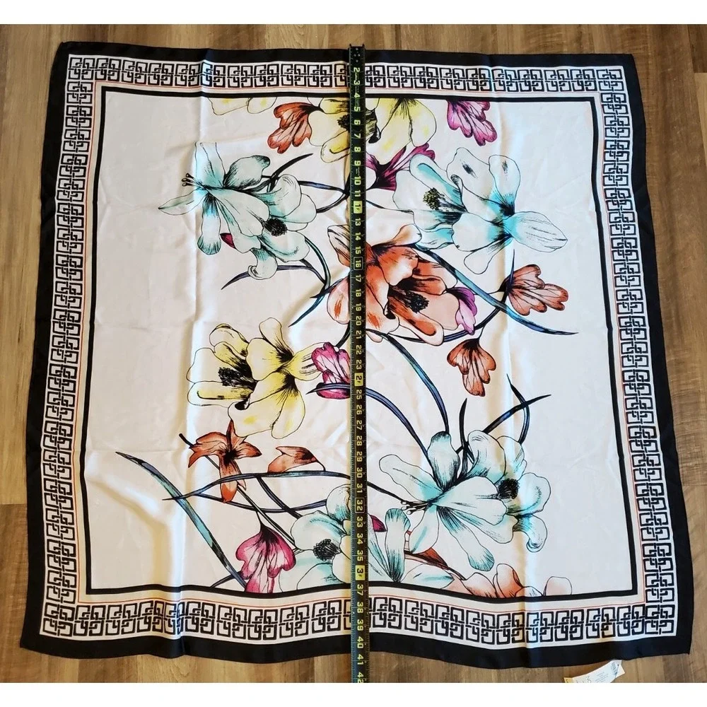 Chicos‎ Large Square Scarf Satin Floral with Black Geometric Border NEW with Tag